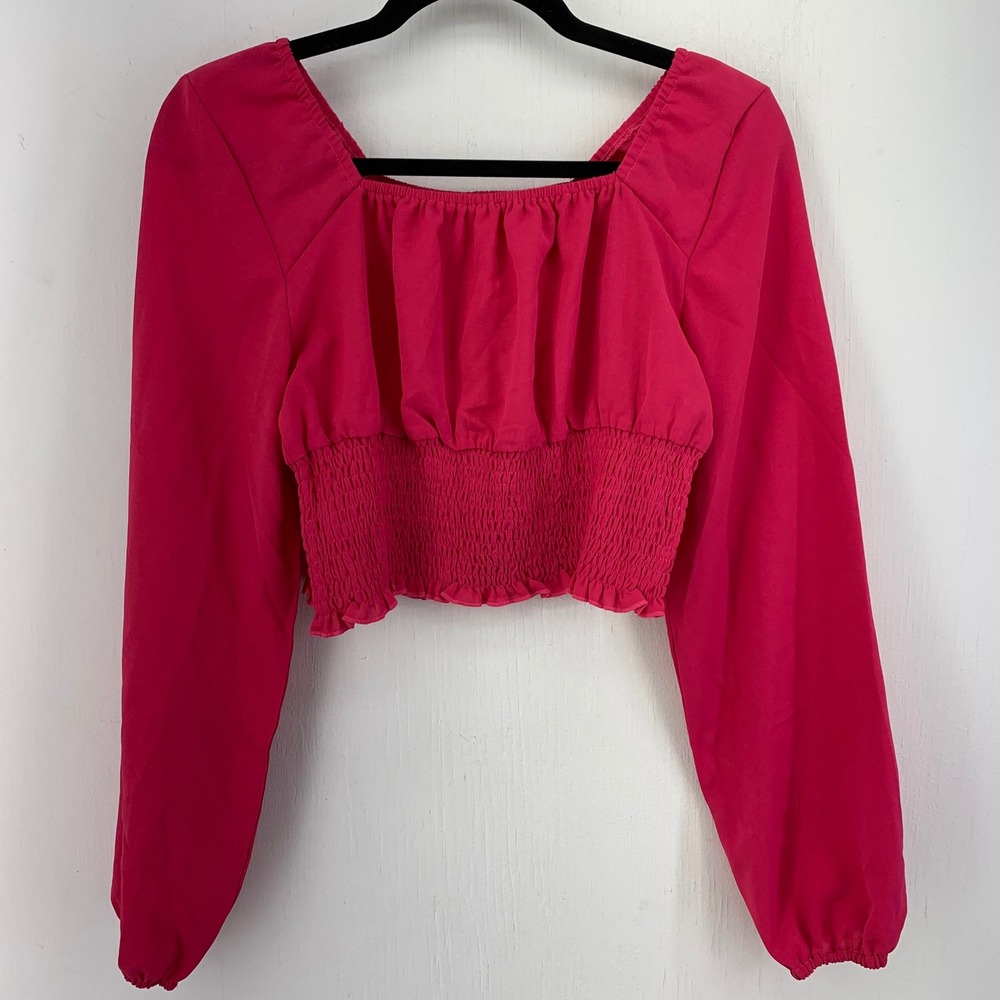 Peasant Boho Womens Medium Pink Smocked Square Neck Long Balloon Sleeve Crop Top